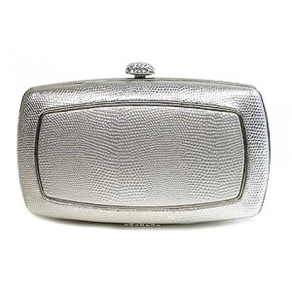 Evening Bag - 12 PCS - Lizard Skin Like Embossed w/ Swarovski Crystal Accent Closure - Silver - BG-HPZ656S